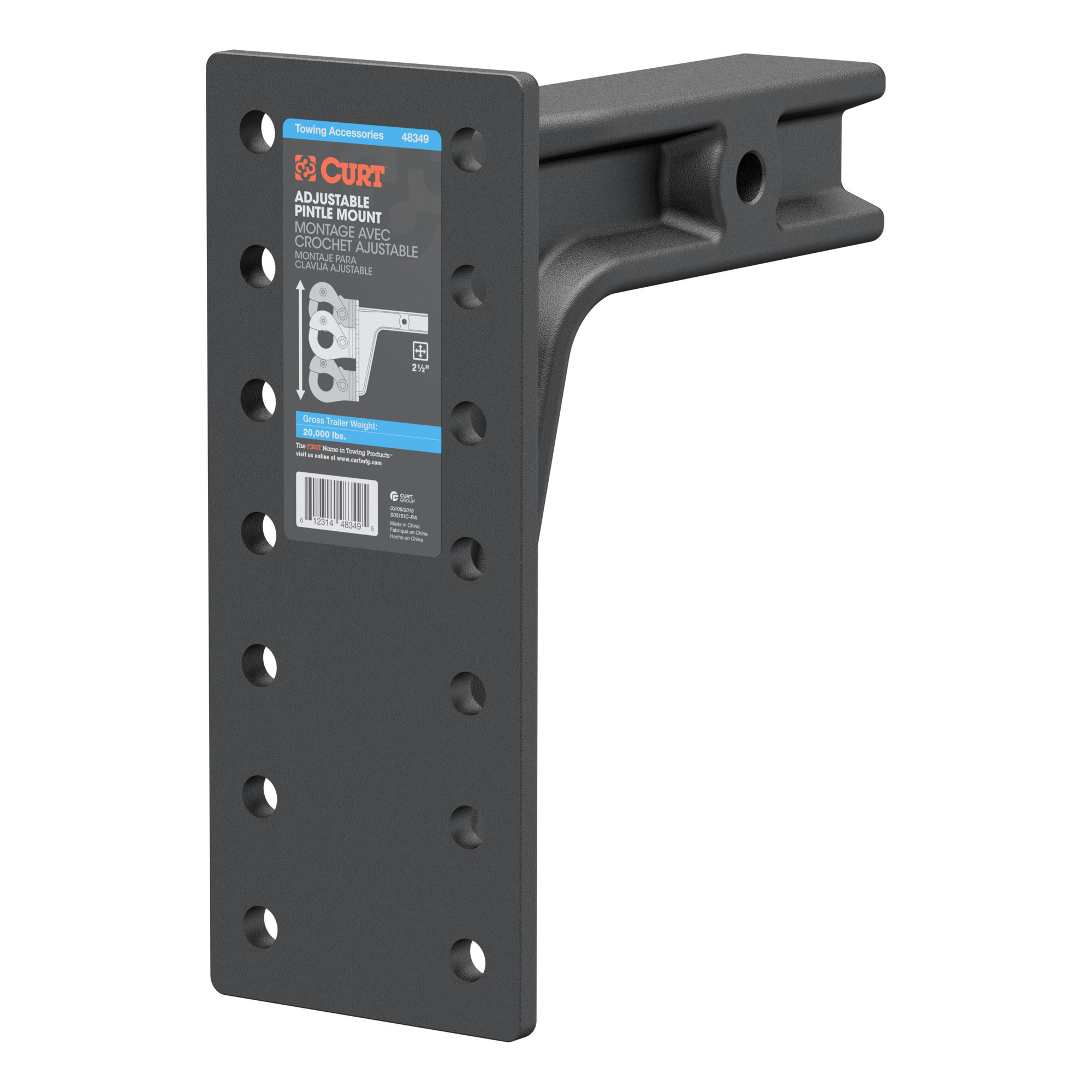 Curt Manufacturing Adjustable Trailer Hitch Pintle Mount, 12.5in. Plate Height, Carbon Steel, 20,000lb. Capacity, Model# 48349